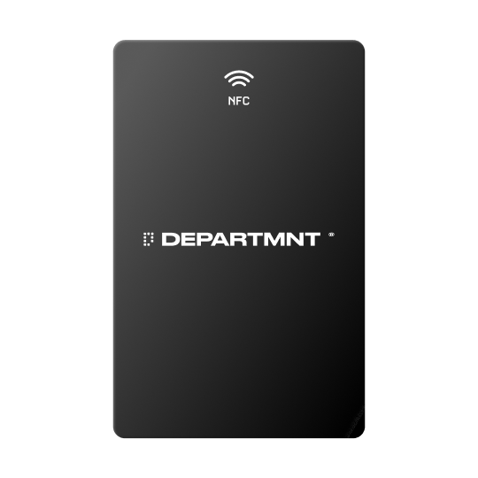 A card in black, portrait, with the wordmark across the middle