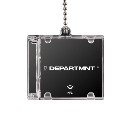 A Mini CD in a clear case, hanging from a ball chain