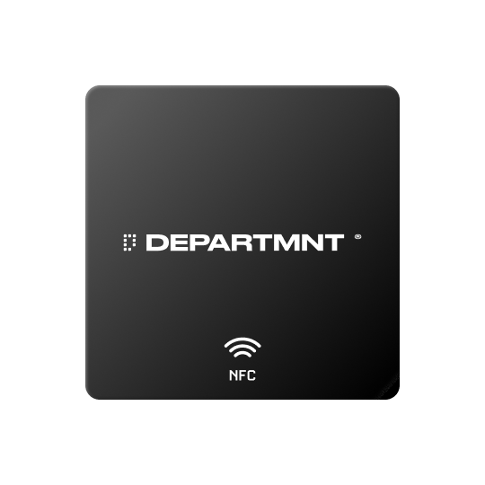 A square sticker in black, carrying the wordmark and the NFC mark