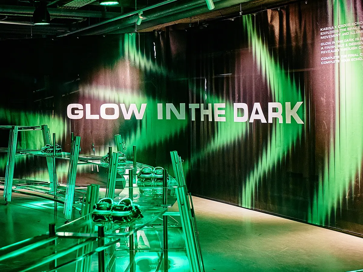 The store lit in UV, the Glow In The Dark wall