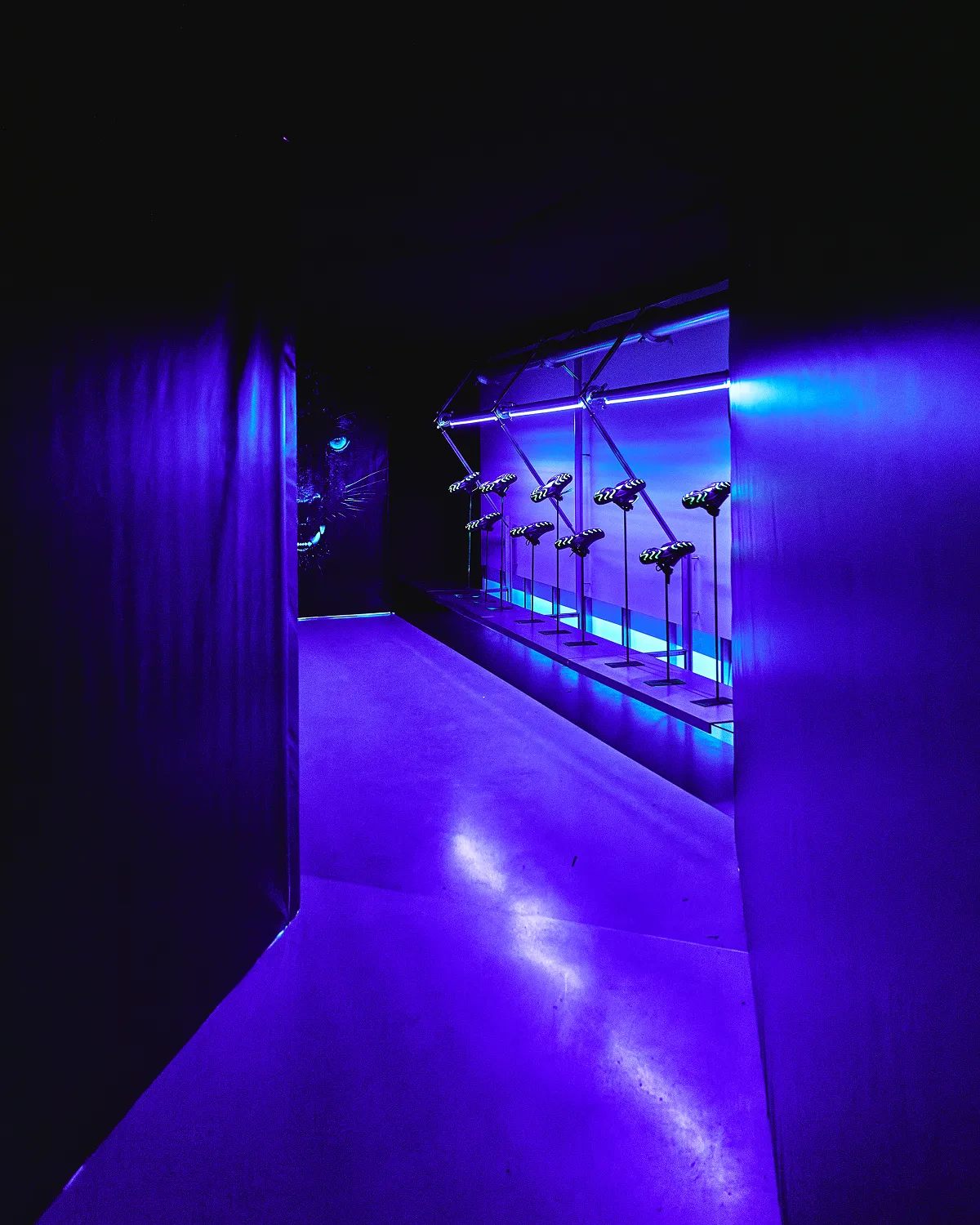 The corridor, each shoe on its own stand