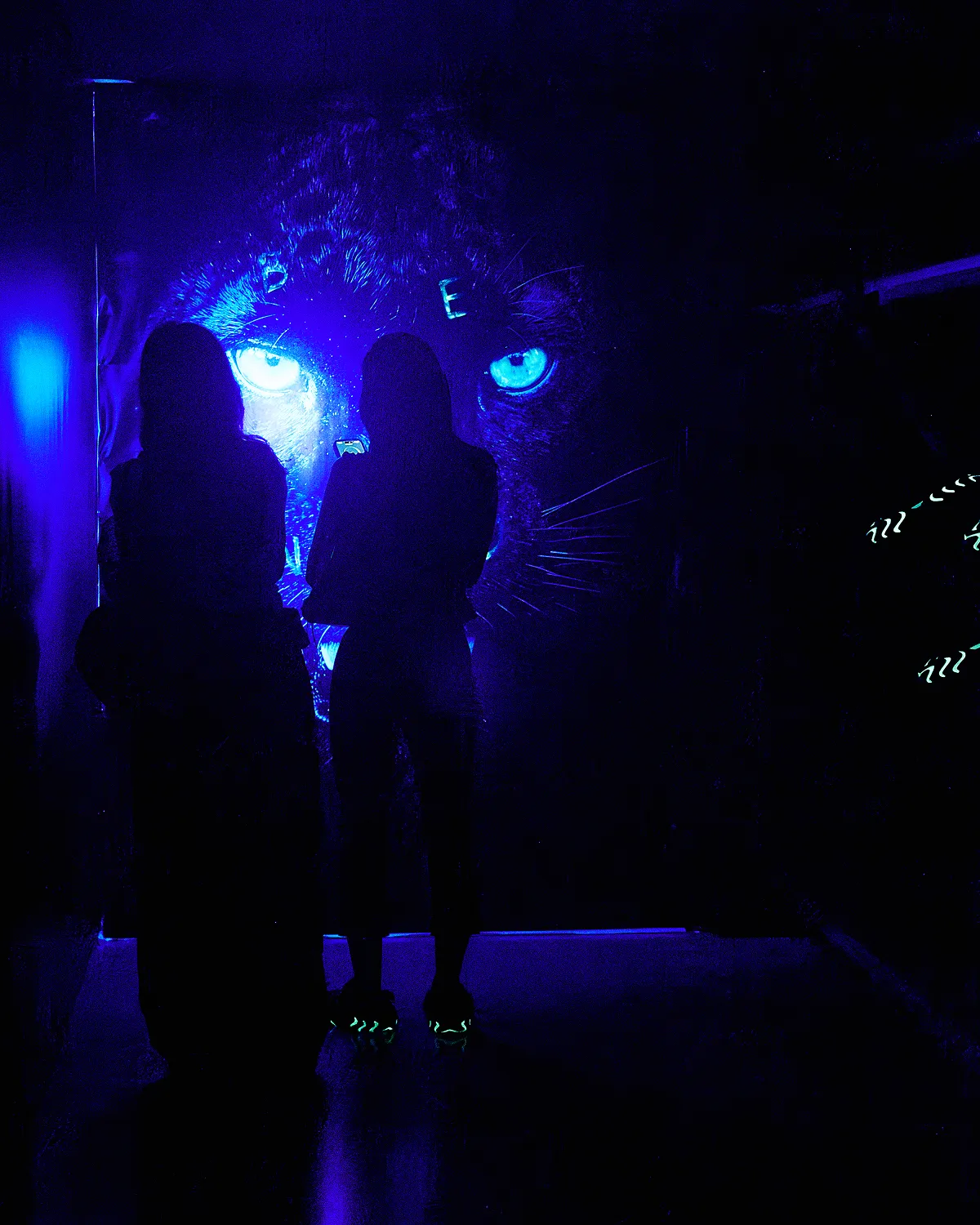 The mural at the end of the corridor, two people in front of it